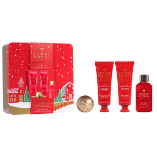 Set Cadou Relax & Unwind, Wild Fig & Cranberry, Crema Maini si Unghii, Crema Corp, Gel de Dus, Bila de Baie, Cutie Metalica cu Print si Capac, The Luxury Bathing Company, 4 articole