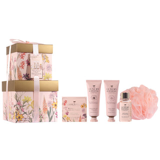 Set Cadou Complete Collection, Wildflowers, Peony, Peach & Raspberry, Gel de Dus, Crema Maini si Unghii, Crema Corp, Sare de Baie, Burete Exfoliant Corp, The Luxury Bathing Company, 5 articole