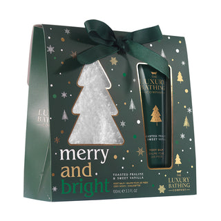 Set Cadou Merry and Bright, Toasted Praline & Sweet Vanilla, Balsam pentru Talpi, Pereche Sosete Pufoase, The Luxury Bathing Company, 2 articole