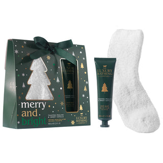 Set Cadou Merry and Bright, Toasted Praline & Sweet Vanilla, Balsam pentru Talpi, Pereche Sosete Pufoase, The Luxury Bathing Company, 2 articole