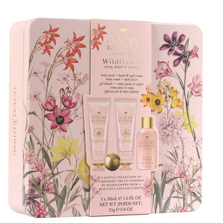 Set Cadou Relax & Unwind, Wildflowers, Peony, Peach & Raspberry, Crema Maini si Unghii, Crema Corp, Gel de Dus, Bila de Baie, Cutie Metalica cu Print si Capac, The Luxury Bathing Company, 4 articole