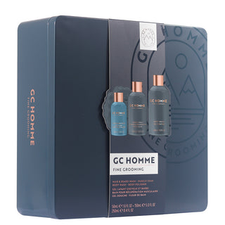 Set Cadou Freshen Up, GC Homme Fine Grooming, Sampon pentru Par si Barba, Spuma de Baie pentru Relaxarea Muschilor, Gel de Dus, Burete Exfoliant Corp, Cutie Metalica Reutilizabila cu Print, The Luxury Bathing Company, 4 articole