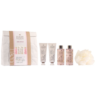 Set Cadou Restore Collection, Warm Vanilla, Gel de Dus, Spuma de Baie, Crema Maini si Unghii, Crema Corp, Burete Exfoliant Corp, Saculet Reutilizabil, The Luxury Bathing Company, 5 articole