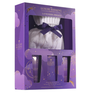 Set Cadou Cosy Up, Lavender, Crema Maini si Unghii, Crema Corp, Sare de Baie, Sticla pentru Apa Calda cu Husa Crosetata, The Luxury Bathing Company, 4 articole