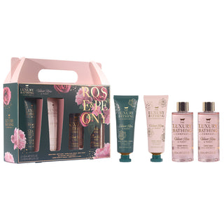 Set Cadou Top to Toe Essentials, Velvet Rose & Peony, Spuma de Baie, Gel de Dus, Crema Maini si Unghii, Crema Corp, The Luxury Bathing Company, 4 articole