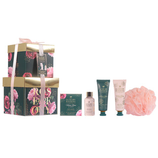 Set Cadou Complete Collection, Velvet Rose & Peony, Gel de Dus, Crema Maini si Unghii, Crema Corp, Sare de Baie, Burete Exfoliant Corp, The Luxury Bathing Company, 5 articole