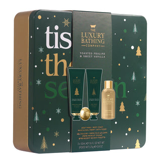 Set Cadou Tis the Season, Toasted Praline & Sweet Vanilla, Crema Maini si Unghii, Crema Corp, Gel de Dus, Bila de Baie, Cutie Metalica cu Print si Capac, The Luxury Bathing Company, 4 articole