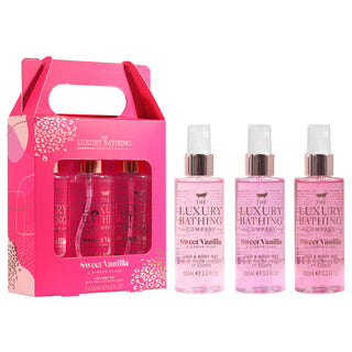 Set Cadou Tempting Trio, Sweet Vanilla & Almond Glaze, Sprayuri Parfumat pentru Par si Corp, The Luxury Bathing Company, 3 x 100 ml