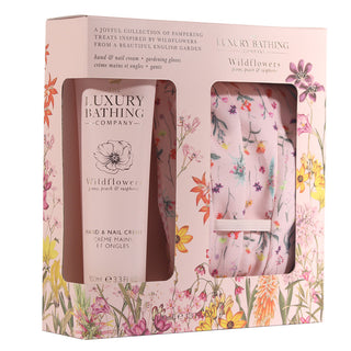 Set Cadou Perfect Duo, Wildflowers, Peony, Peach & Raspberry, Crema Maini si Unghii, Manusi pentru Gradinarit cu Print, The Luxury Bathing Company, 2 articole