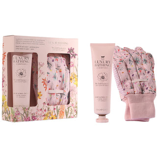 Set Cadou Perfect Duo, Wildflowers, Peony, Peach & Raspberry, Crema Maini si Unghii, Manusi pentru Gradinarit cu Print, The Luxury Bathing Company, 2 articole