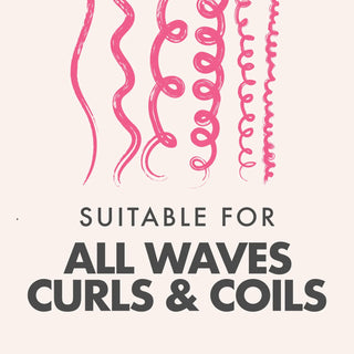 Text 'Suitable for all waves, curls & coils' with pink hair strands on a white background