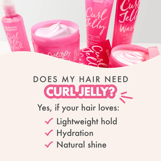 Pink hair care products with text asking if hair needs Curl Jelly and listing benefits.