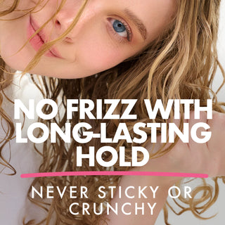 Close-up of a person with styled hair and text about hair product features.