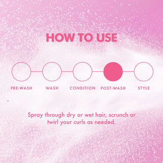 Pink instructional graphic with the heading 'HOW TO USE' and five labeled steps: Pre-wash, Wash, Condition, Post-wash, and Style. The fourth step is highlighted with a filled pink circle, and text below reads, 'Spray through dry or wet hair, scrunch or twirl your curls as needed.