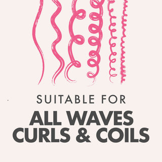 Text 'Suitable for all waves, curls & coils' with pink hair strands on a white background