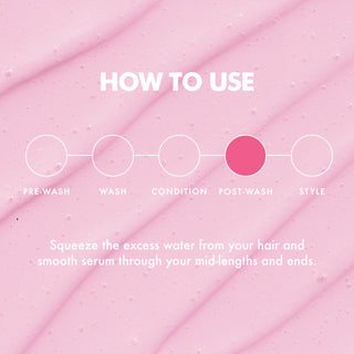 Pink instructional graphic with the heading 'HOW TO USE' and a five-step usage sequence labeled Pre-Wash, Wash, Condition, Post-Wash, and Style. The fourth circle is filled pink, indicating the current step.