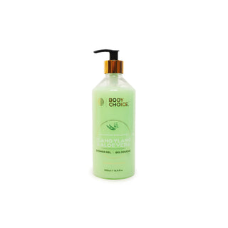 A bottle of Body Choice Lang Tiang & Aloe Vera Shower Gel, featuring a translucent light green bottle with a black and gold pump dispenser, set against a plain white background.