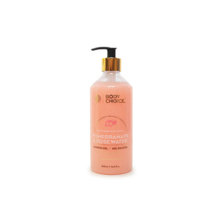 A bottle of BODY CHOICE Pomegranate & Rose Water Shower Gel, featuring a peach-colored translucent bottle, a black pump, and a gold collar, set against a plain white background.