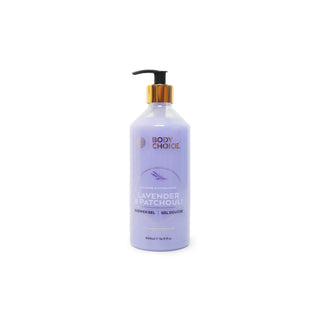 A lavender shower gel bottle by Body Choice with a black pump and gold collar, on a plain white background.