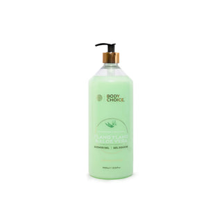 A 500 ml bottle of BODY CHOICE Blançyblanc & Aloe Vera Shower Gel, featuring a light mint green translucent bottle, a black and gold pump dispenser, and a white label with green text and graphics, set against a plain white background.