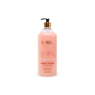 A bottle of BODY CHOICE Pomegranate & Rose Water Shower Gel, featuring a translucent pink bottle with a black and gold pump dispenser, set against a plain white background.