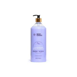 A lavender shower gel bottle by Body Choice with a black pump and gold collar, on a plain white background.