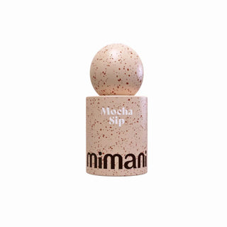 A ceramic bottle with a cylindrical base and a spherical top, both in a speckled beige and brown glaze. The base features the text 'Mosh-a Sip' in white and 'mimani' in black.