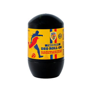 A black cylindrical roll-on bottle with a yellow label featuring a red, yellow, and blue Romanian flag design and a soccer player silhouette, labeled 'TRICOLORII DEO ROLL-ON'.