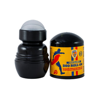Two black roll-on deodorant containers on a white background, one open showing the silver roller ball and one closed with a yellow label reading 'TRICOLORIS DEO ROLL-ON'.