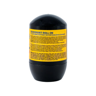 A single black cylindrical deodorant roll-on container with a bright yellow label, photographed against a plain white background.