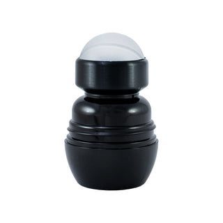 A black cylindrical cosmetic container with a domed frosted white cap, shown against a plain white background.