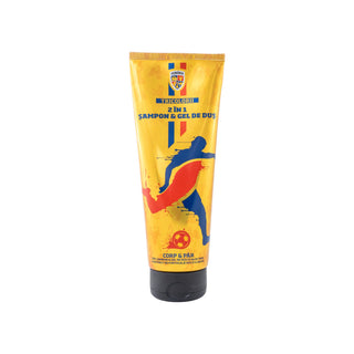 A squeeze tube of Richevot 2-in-1 Shampoo and Hair Gel, featuring a bright yellow background with a blue and red soccer player graphic, on a solid white background.
