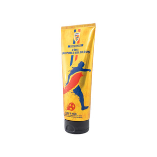 A 2-in-1 shampoo and hair gel tube by Sport-Cosmetic, featuring a bright yellow body with a blue and red graphic of a running athlete, on a white background.