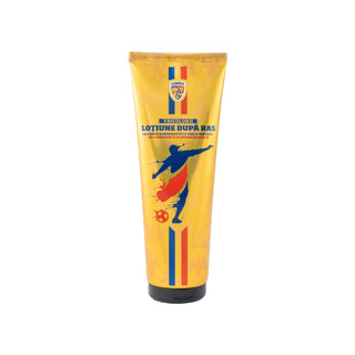 A yellow squeeze tube of Romanian football club Ligia Iaşi lotion after shave, featuring blue and red graphics and text, on a solid white background.
