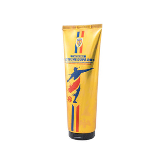 A squeeze tube of Romanian national football team athletic cream, featuring a bright yellow background with blue and red graphics, including a silhouette of a soccer player and the text 'NUITIUNE DUPĂ RAS'.