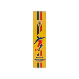 A tall, narrow yellow box for crema de ras sports cream, featuring blue and red vertical stripes, a soccer player graphic, and the Cremená de Ras logo on a white background.