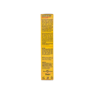 A tall, narrow yellow box showing the back side of a Brazilian hair product, labeled 'Creme de Bas' by Marca 5, with extensive black and red text on a plain white background.
