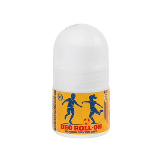 A roll-on deodorant container with a white cap and a yellow label featuring blue soccer player silhouettes and red text reading 'DEO ROLL-ON'.