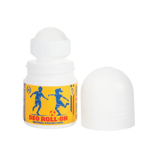 A white roll-on deodorant container with a yellow label featuring blue soccer player graphics and the text 'DEO ROLL-ON NATURAL PENTRU COPI', shown next to its white cap on a white background.