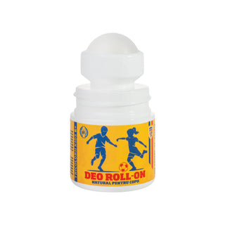 A white roll-on deodorant container with a yellow label featuring blue soccer player silhouettes and the text 'DEO ROLL-ON NATURAL PENTRU COPI'.