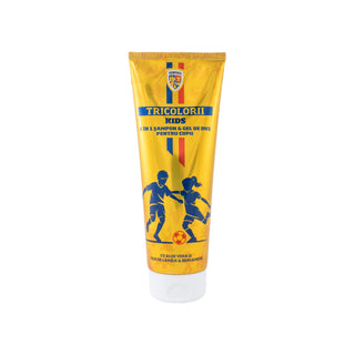 A squeeze tube of Tricolor Kids Fighting Crops shampoo and gel, featuring a bright yellow body with blue and red graphics, blue player silhouettes, and a white cap, set against a plain white background.