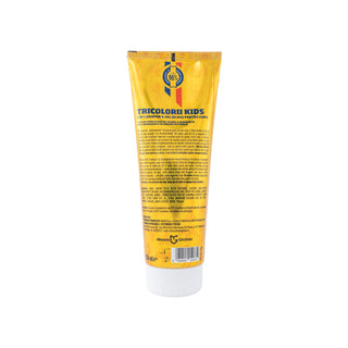 A tube of Fricolori Kids hair color cream, showing the back of the packaging with a yellow background, Italian text, and the brand logo at the top.