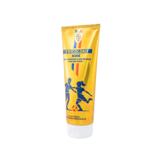 A tube of Tricolor Kids hair care product, featuring a metallic gold-yellow body with blue and red accents, and a white cap, shown against a plain white background.