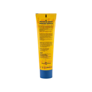 A yellow squeeze tube of adult toothpaste with a blue cap, shown from the back on a plain white background. The text on the tube is in Romanian and features the brand name 'Sapna' near the bottom.