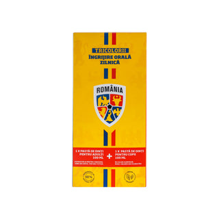 A rectangular yellow box of oral care product with Romanian text, featuring blue and red vertical stripes and a multicolor Romania shield logo on the front, photographed against a plain white background.