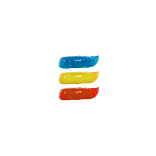 Three horizontal glossy paint-like swatches stacked vertically, showing bright blue on top, yellow in the middle, and red on the bottom, centered on a plain white background.