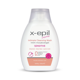 A bottle of x-epil Intimo Intimate Cleansing Wash Sensitive, 230 ml, on a white background with a soft shadow.