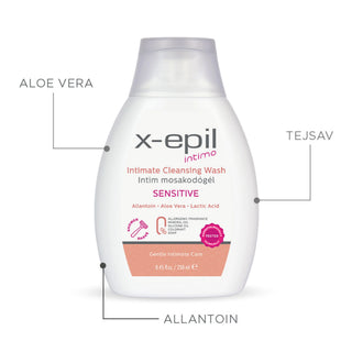 A bottle of x-epil Intimo Sensitive Intimate Cleansing Wash on a white background, with callout lines and text identifying key ingredients: Aloe Vera, Tejsav, and Allantoin.