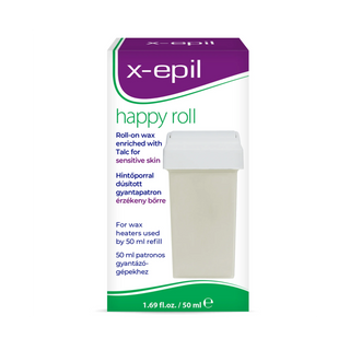 X-epil Happy Roll roll-on wax treatment packaging, featuring a white box with a purple top banner and green accents, showing a graphic of the translucent white applicator bottle.