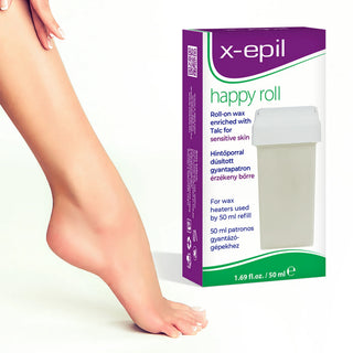 A person's lower leg and foot are shown beside the retail box of x-epil Happy Roll roll-on wax. The box is white with purple and green branding and a photo of a white roll-on container.